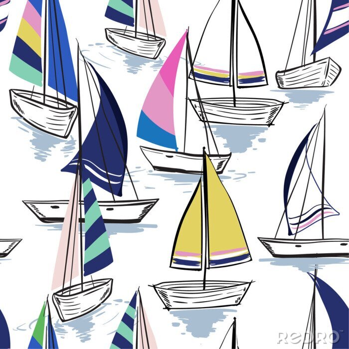 Papier peint à motif  Humeur estivale croquis dessin main motif de mer transparente de l'été avec des voiliers