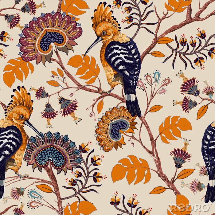 Papier peint à motif  Huppes et fleurs aux couleurs de l'automne
