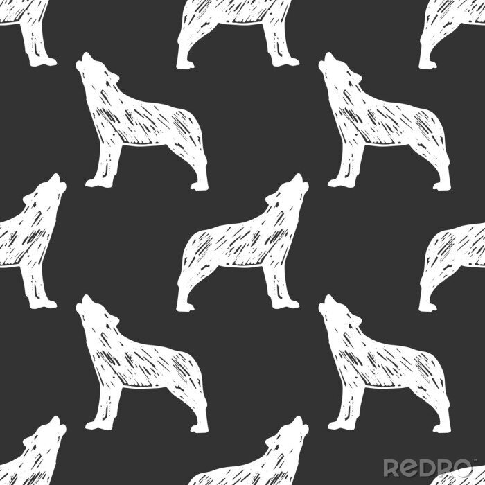Papier peint à motif  Hurlement de loups blancs sur fond noir