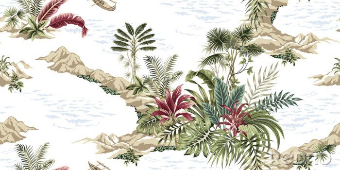 Papier peint à motif  Île tropicale avec des plantes exotiques