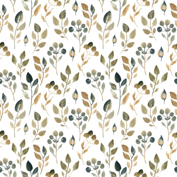 Papier peint à motif  Illustration aquarelle de feuilles brunes. Modèle sans couture de feuilles séchées sur fond blanc.