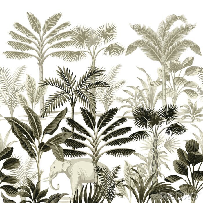 Papier peint à motif  Illustration botanique de la jungle dans un style vintage