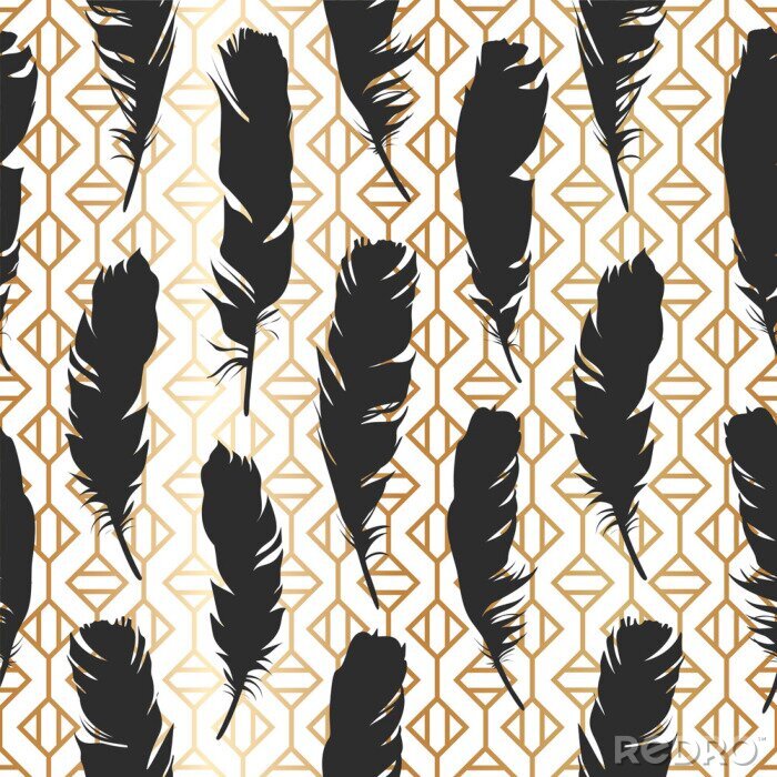 Papier peint à motif  Illustration noire transparente avec des plumes sur un fond géométrique en or. Modèle vectoriel naturel. Style Boho. Silhouettes simples.