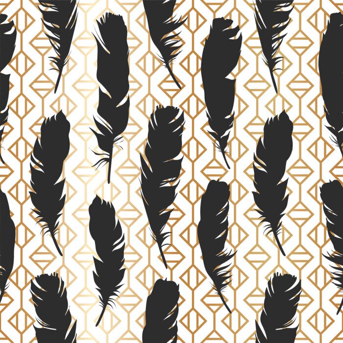 Papier peint à motif  Illustration noire transparente avec des plumes sur un fond géométrique en or. Modèle vectoriel naturel. Style Boho. Silhouettes simples.