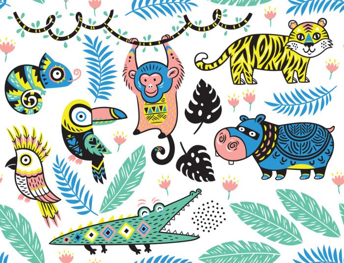 Papier peint à motif  Illustration originale des habitants de la jungle avec des animaux