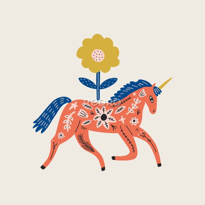 Papier peint à motif  Illustration scandi cheval et fleur