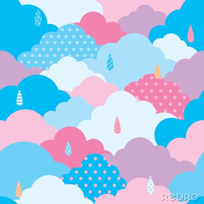 Papier peint à motif  Illustration vecteur de ciel nuageux avec un design pluvieux à motif transparent sur les couleurs fraîches ton est bleu fond rose et violet