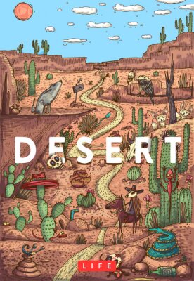 Illustration vectorielle colorée détaillée. Vie sauvage dans le désert avec des animaux, des oiseaux et des plantes