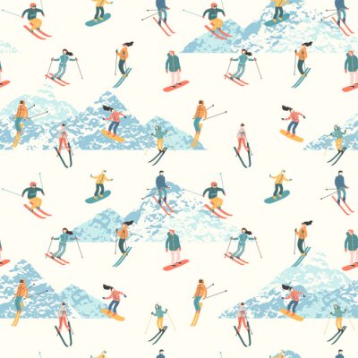 Papier peint à motif  Illustration vectorielle des skieurs et des snowboarders. Modèle sans couture