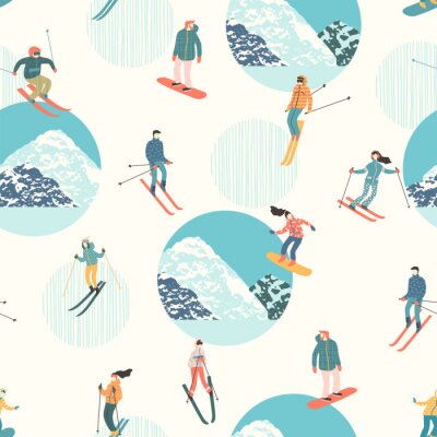 Papier peint à motif  Illustration vectorielle des skieurs et des snowboarders. Modèle sans couture