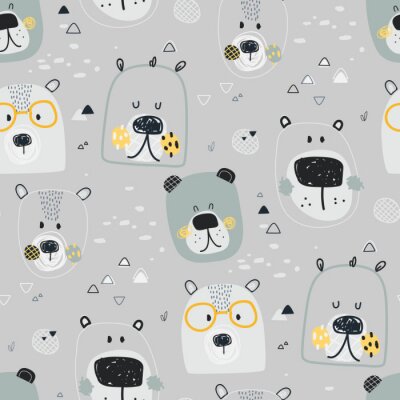 Papier peint à motif  Illustration vectorielle mignon enfantin de modèle sans couture de la main, dessin d'ours des visages avec des lunettes, sur fond gris. Tissu, textile, papier, papier peint, emballage ou carte postale