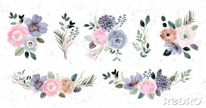 Papier peint à motif  Illustrations florales subtiles bleu-rose