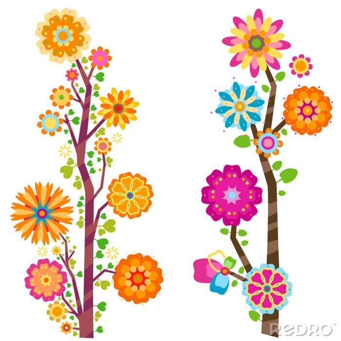 Papier peint à motif  Illustrations modernes de deux fleurs multicolores