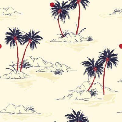Papier peint à motif  Impression de fond belle île sans soudure. Paysage avec palmiers, plage et océan vecteur style dessiné à la main. Sur fond rose clair.