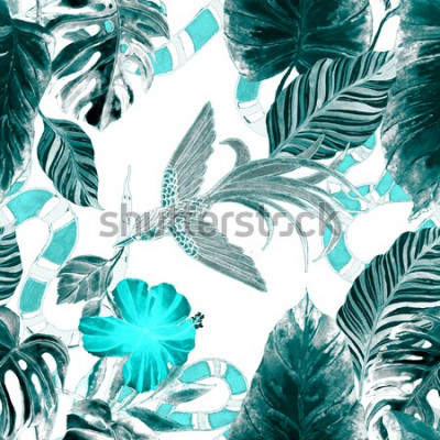 Papier peint à motif  Impression de mode. Modèle sans couture aquarelle avec des feuilles tropicales, oiseau, serpent. Fond exotique.
