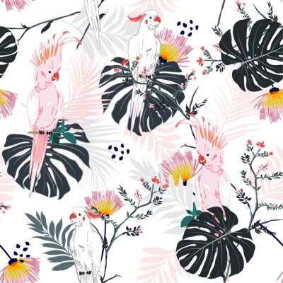 Papier peint à motif  Imprimé floral tropical estival à la mode. Oiseau perroquet dans la jungle et des fleurs dans la conception allover de la forêt exotique, vecteur transparente motif pour la mode, wallpaoer et tous les