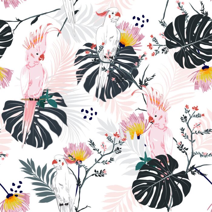 Papier peint à motif  Imprimé floral tropical estival à la mode. Oiseau perroquet dans la jungle et des fleurs dans la conception allover de la forêt exotique, vecteur transparente motif pour la mode, wallpaoer et tous les
