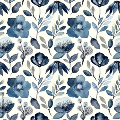 Papier peint à motif  indigo watercolor floral seamless pattern