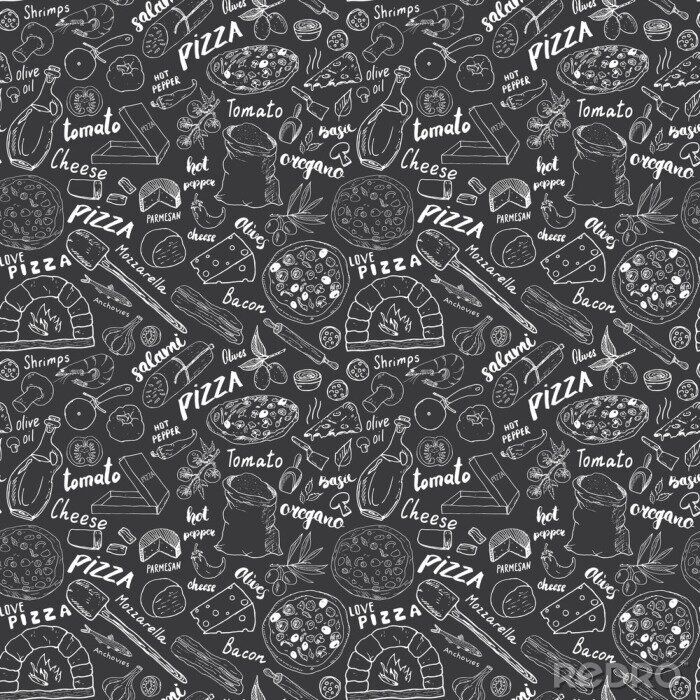 Papier peint à motif  Ingrédients et inscriptions de pizza sur un fond foncé