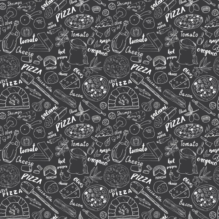 Papier peint à motif  Ingrédients et inscriptions de pizza sur un fond foncé