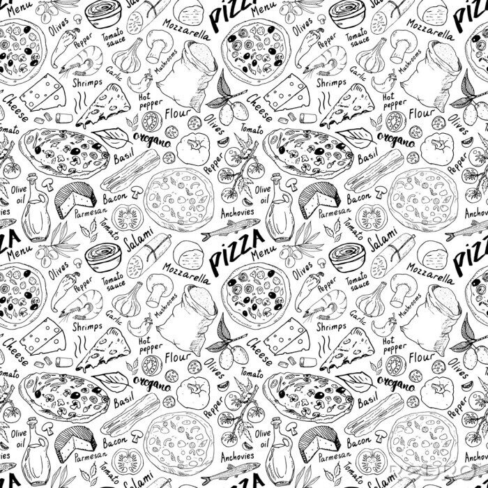 Papier peint à motif  Ingrédients pour pizza sur fond blanc