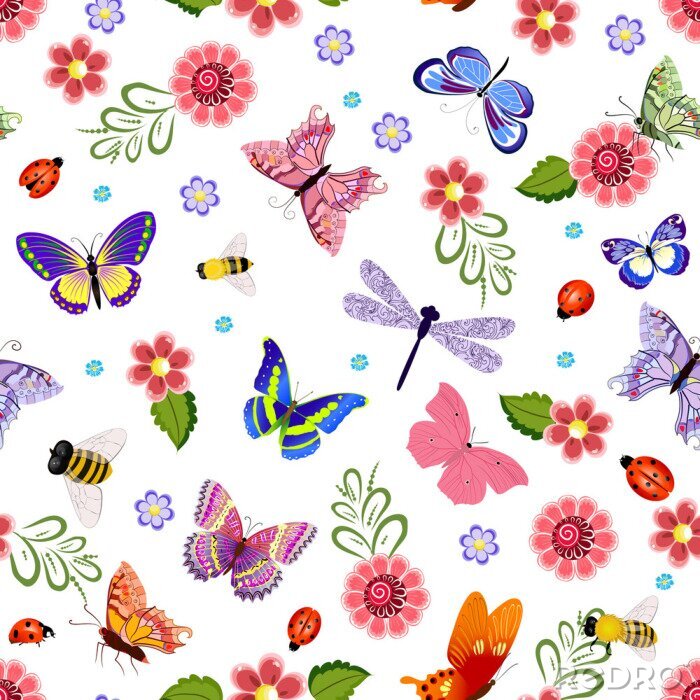 Papier peint à motif  Insectes colorés et fleurs