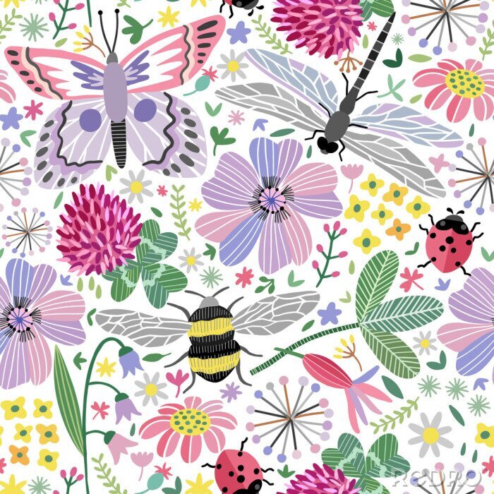 Papier peint à motif  Insectes parmi les fleurs colorées