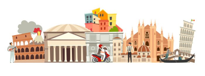Papier peint à motif  Italy skyline colorful background. Famous Italy building. Italy hand drawn vector illustration. Italian travel landmarks/attraction. Vector illustration isolated on white background