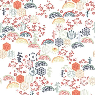 Papier peint à motif  Japanese pattern vector. Red flower , Bamboo, Pine tree  elements  background.
