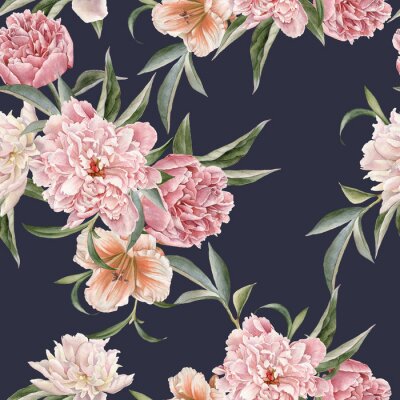 Papier peint à motif  Jardin pivoines et lys fond bleu fonc?