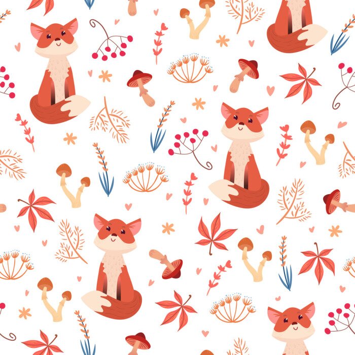 Papier peint à motif  Jeunes renards parmi les attributs de l'automne