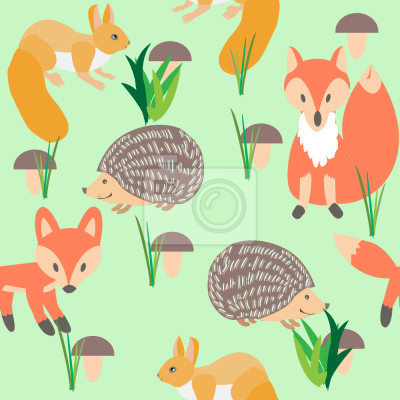 Papier peint à motif  Jeux dans la forêt avec des renards, des écureuils et des hérissons