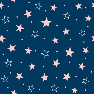 Papier peint à motif  Joli modèle sans couture avec étoiles éparses et des points ronds. Imprimé girly répété. Couleurs bleus, roses et blancs.