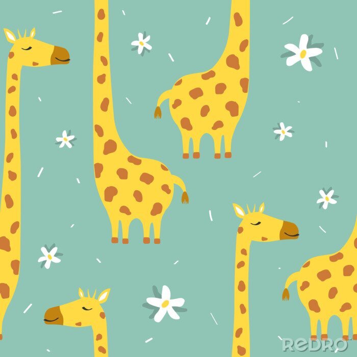Papier peint à motif  Jolies girafes et marguerites