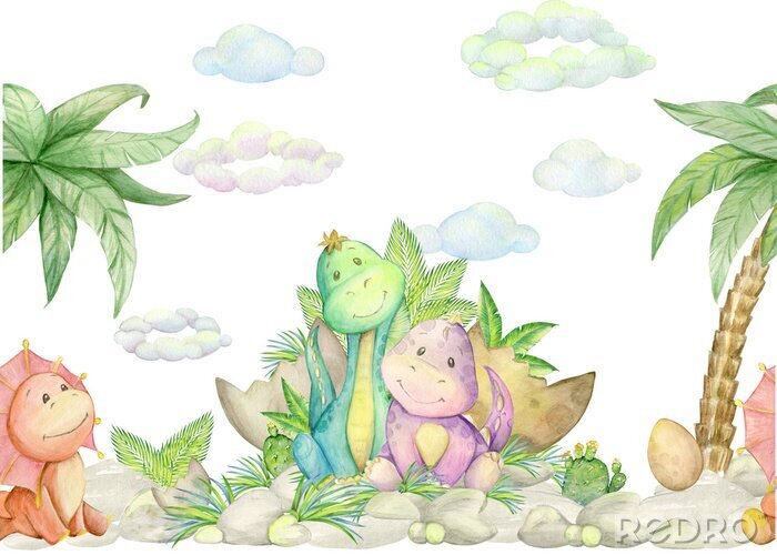 Papier peint à motif  Joyeux dinosaures et palmiers exotiques