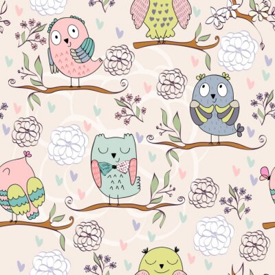 Papier peint à motif  Joyeux hiboux sur des branches