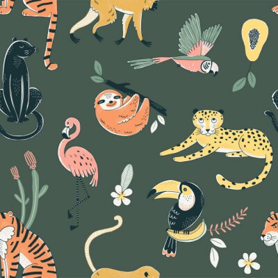 Papier peint à motif  Jungle animals color vector seamless pattern. Flamingo, parrot, tiger background. Flora and fauna. Wild nature. Birds and predators. Decorative animal textile, wallpaper, wrapping paper design