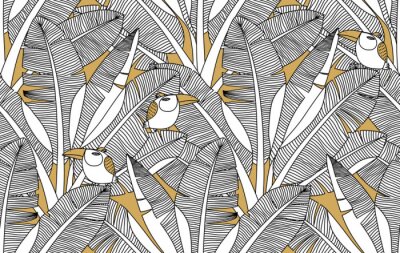 Papier peint à motif  Jungle noire et blanche et oiseaux exotiques