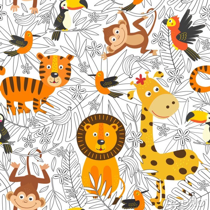 Papier peint à motif  Jungle pour les enfants avec des animaux