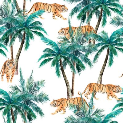 Jungle seamless pattern. Tropical palm trees and tiger. Hand drawn watercolour illustration