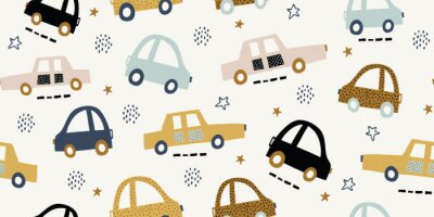 Papier peint à motif  Kids handdrawn seamless pattern with colorful cars