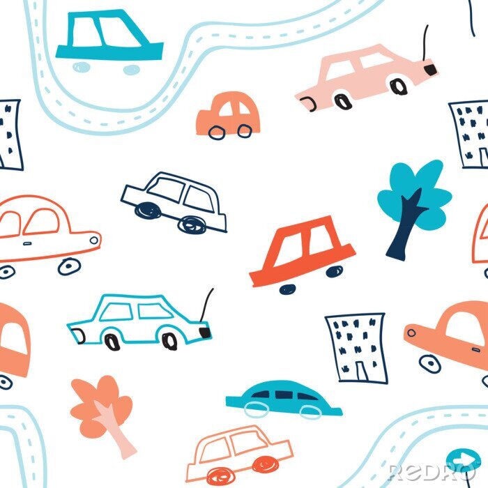 Papier peint à motif  Kids transport collection Car, taxi, road