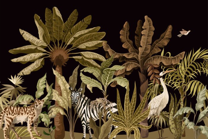 Papier peint à motif  La jungle avec ses animaux et ses plantes