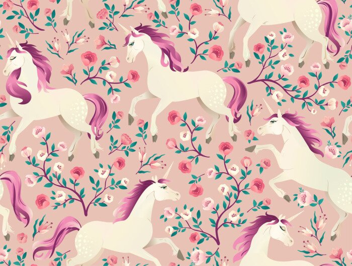 Papier peint à motif  La main dessinée vintage Licorne dans le modèle sans couture de la forêt magique. Illustration vectorielle dans un style victorien.