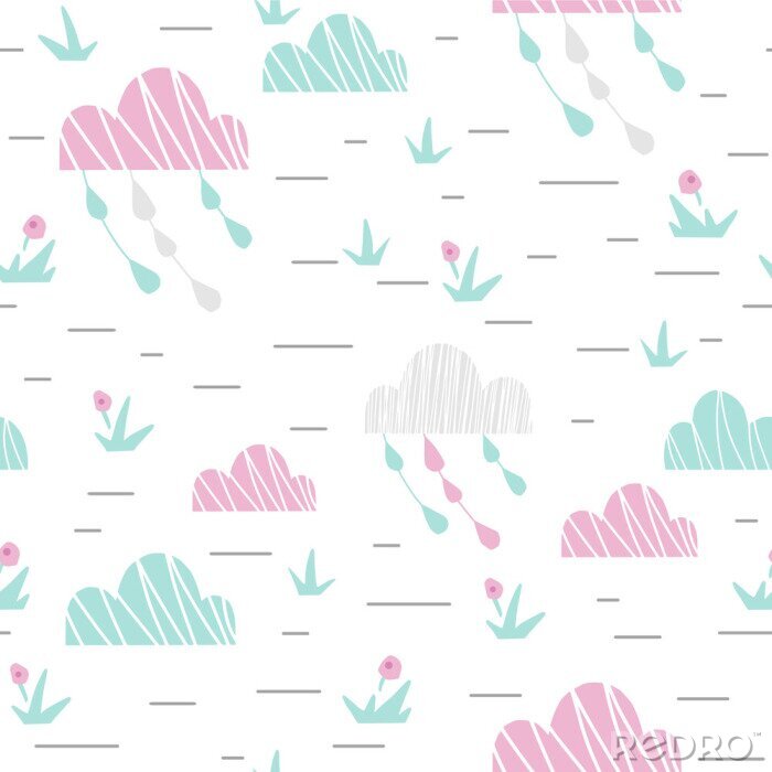 Papier peint à motif  Landscape with clouds and grass baby cute seamless pattern. Sweet cool illustration for nursery wallpaper, t-shirt, kids apparel, baby print, party. Simple girly design