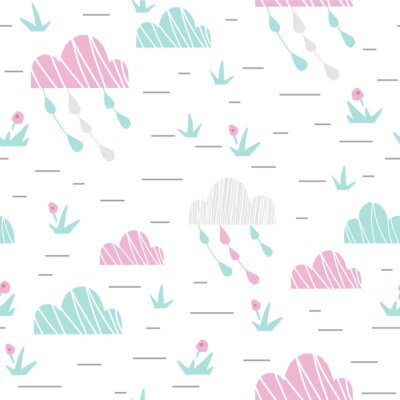 Papier peint à motif  Landscape with clouds and grass baby cute seamless pattern. Sweet cool illustration for nursery wallpaper, t-shirt, kids apparel, baby print, party. Simple girly design