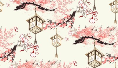 Papier peint à motif  Lanternes japonaises orientales
