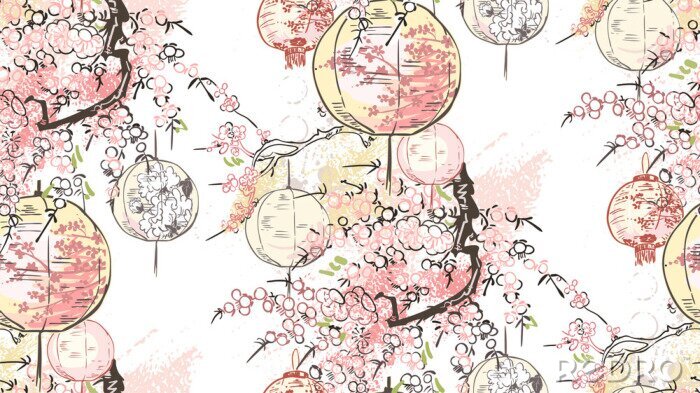 Papier peint à motif  Lanternes sur les cerisiers