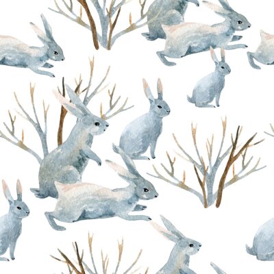 Papier peint à motif  Lapin en hiver. Aquarelle, seamless, modèle