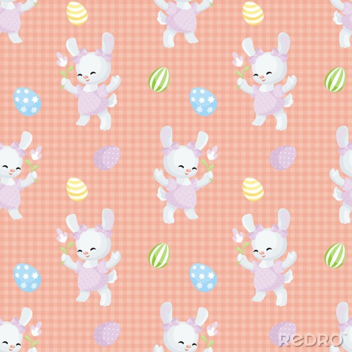 Papier peint à motif  Lapins et œufs colorés